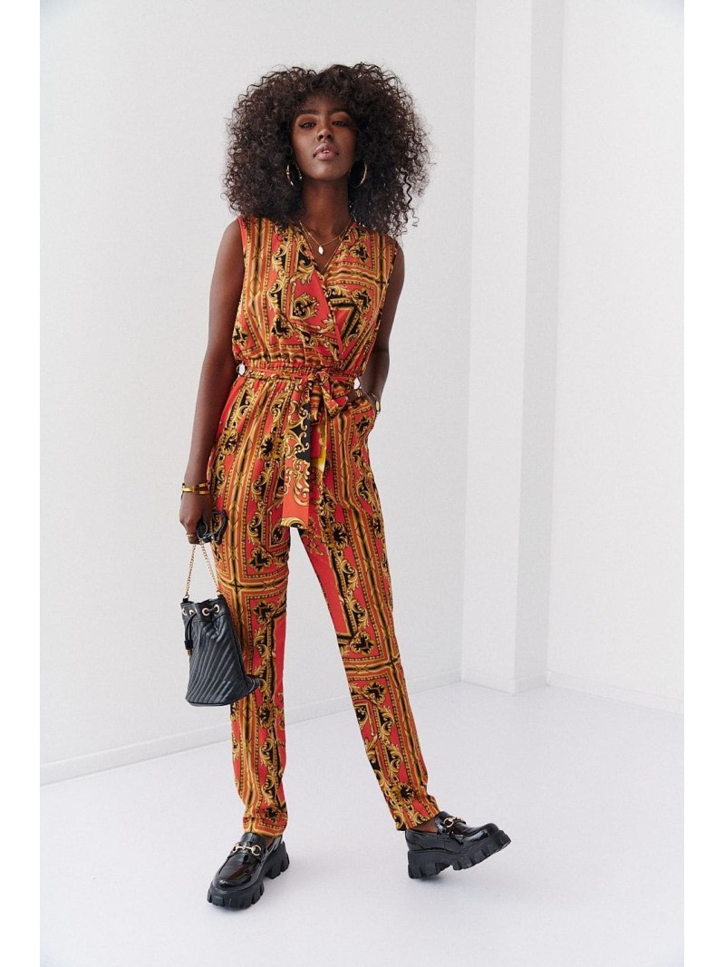 Patterned jumpsuit with envelope neckline, orange and mustard 70000 - Online store - Boutique